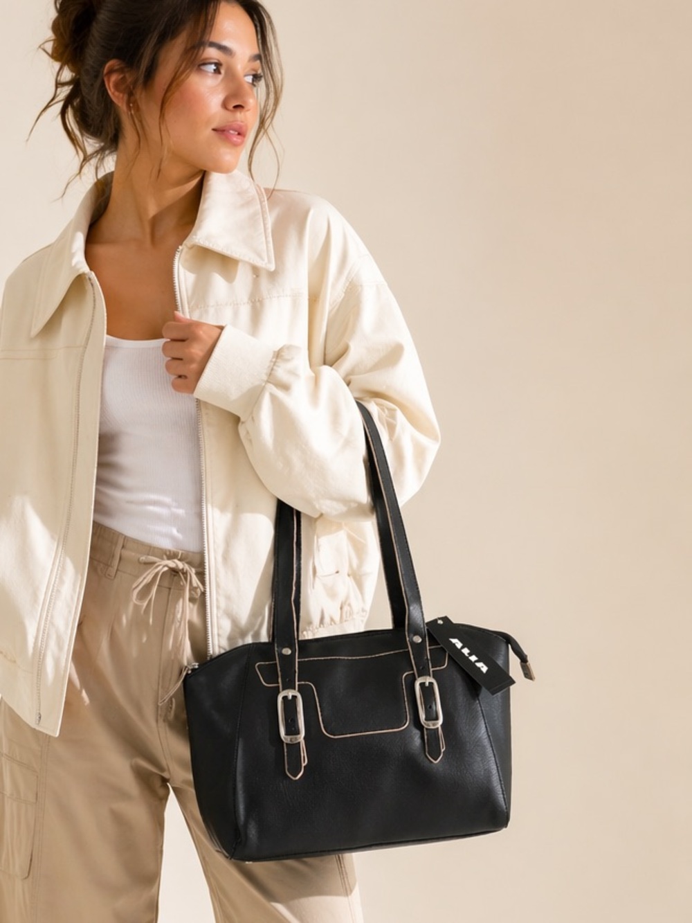 Nygård Vegan Leather Tote Structured Shoulder Bag Black Tan NWT